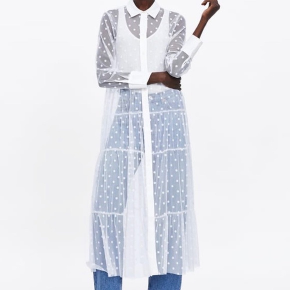 Zara Sheer White Polka Dot Maxi Shirt Dress